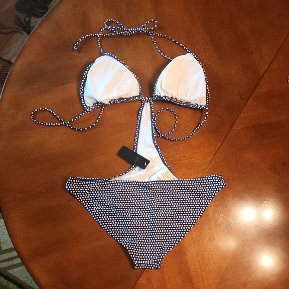 Ingear Blue & White Polka Dot One Piece Swimsuit Modern Cut-Out Design, Junior 9 - Picture 2 of 7